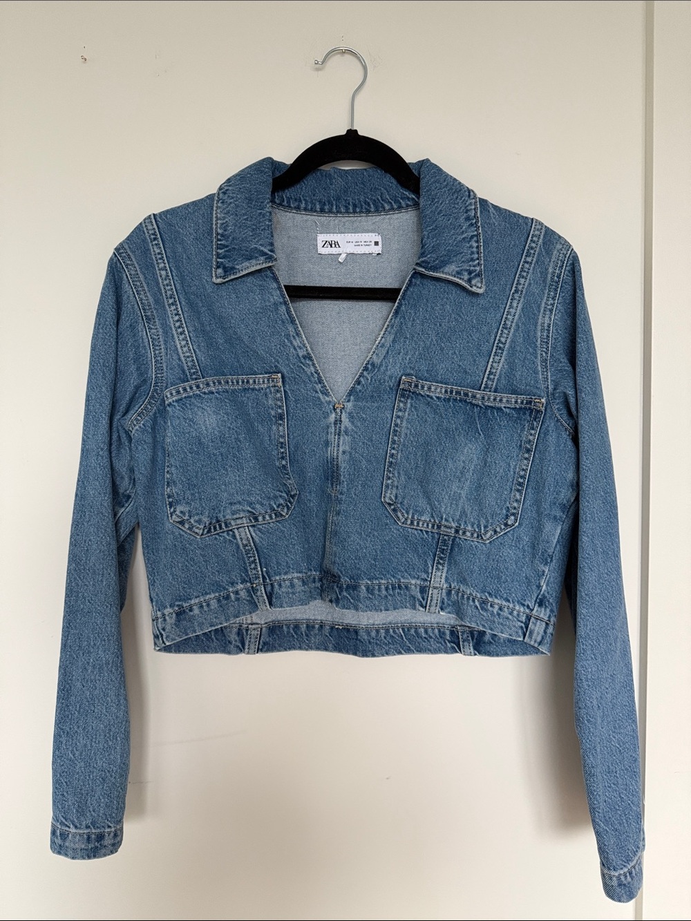 BN Zara Blue Cropped Jean Jacket with Patch Pockets